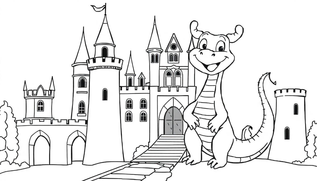 Eine schwarz-weiße Farbtafel-Zeichnung eines freundlichen Drachen, der vor einer Burg mit erhobenen Händen winkt.