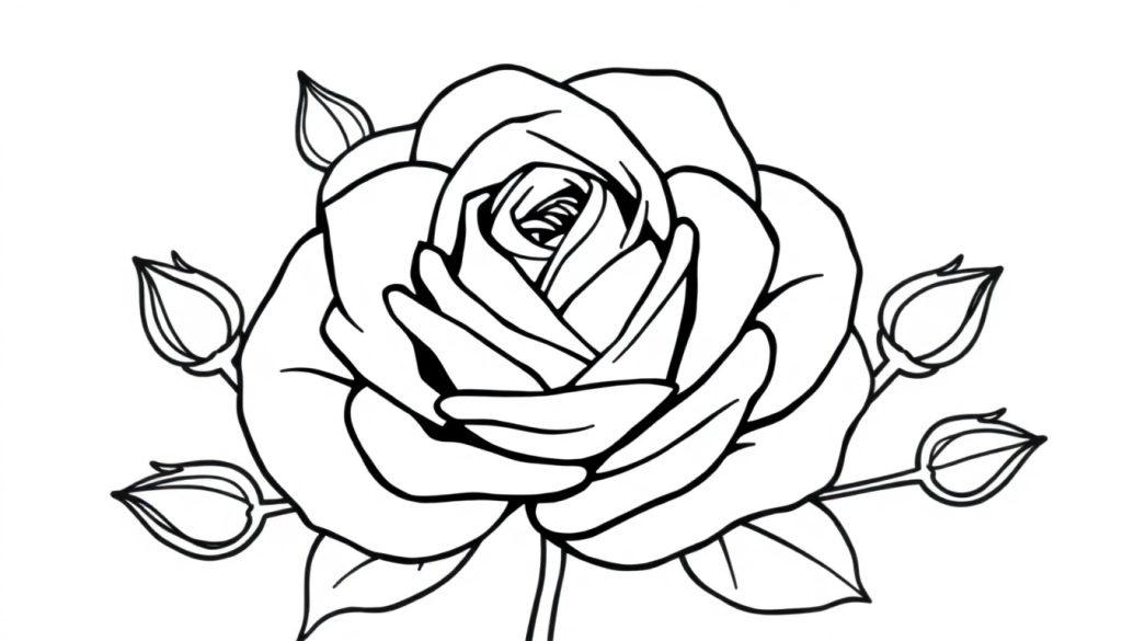 Eine Schwarz-Weiß-Zeichnung einer Rose mit Knospen