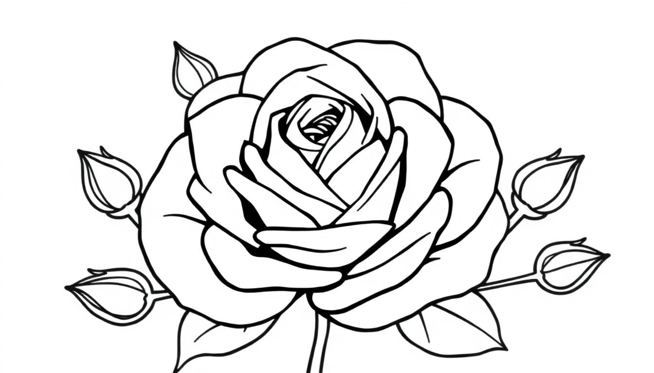 Eine Schwarz-Weiß-Zeichnung einer Rose mit Knospen