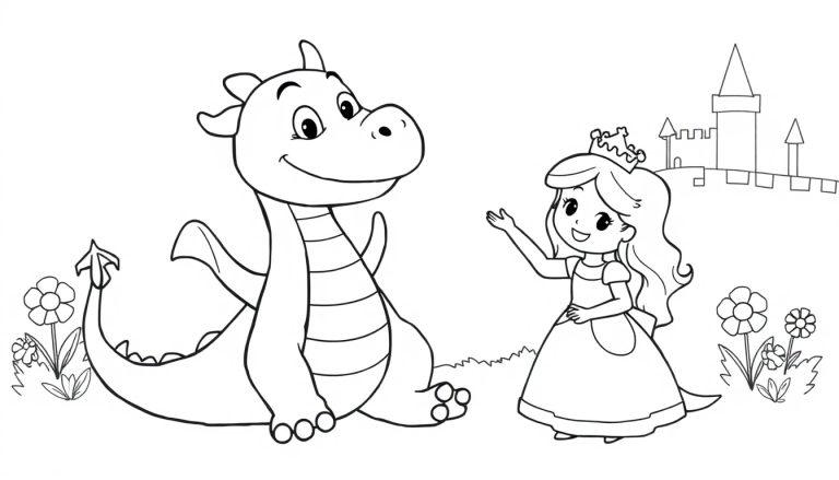 Schwarz-Weiß-Farbtafel: Eine Cartoon-Prinzessin winkt einem freundlichen Cartoon-Drachen zu, vor einer stilisierter Burgkulisse mit Blumen im Vordergrund.
