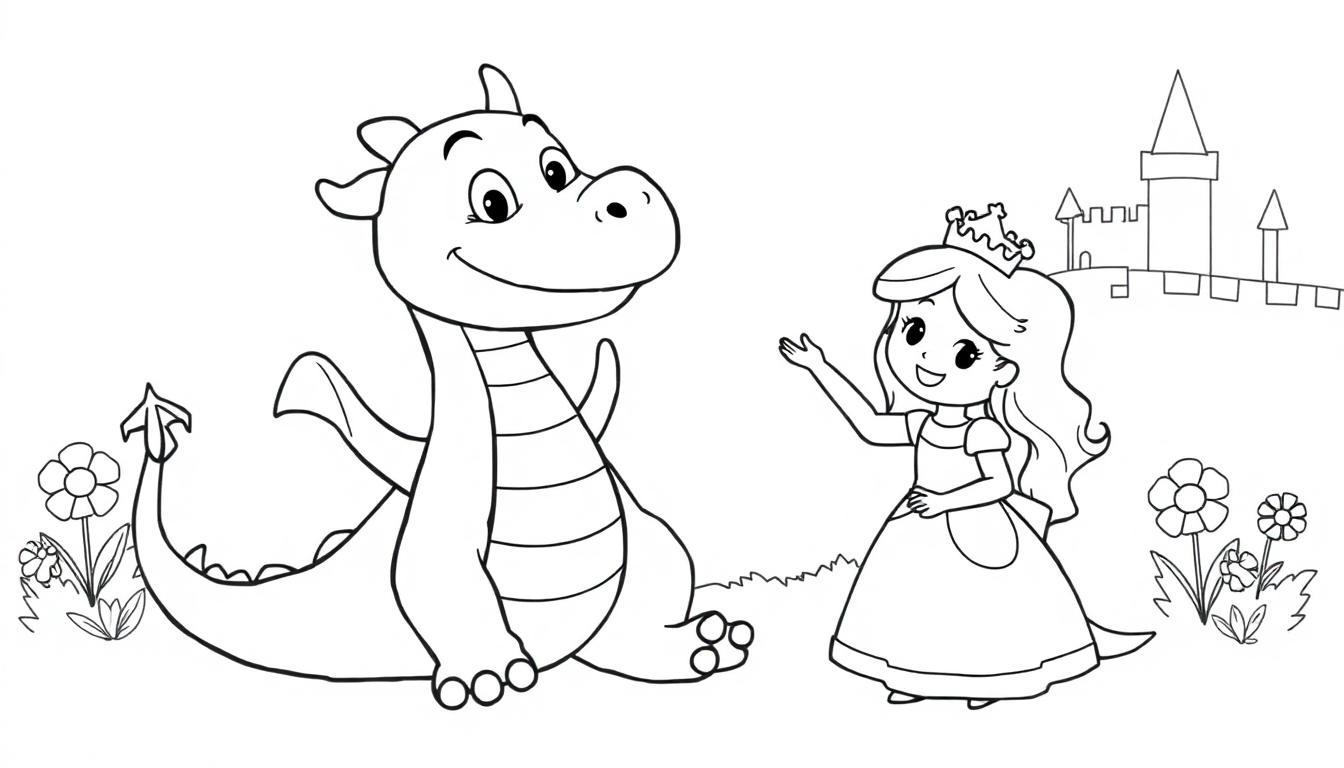 Schwarz-Weiß-Farbtafel: Eine Cartoon-Prinzessin winkt einem freundlichen Cartoon-Drachen zu, vor einer stilisierter Burgkulisse mit Blumen im Vordergrund.