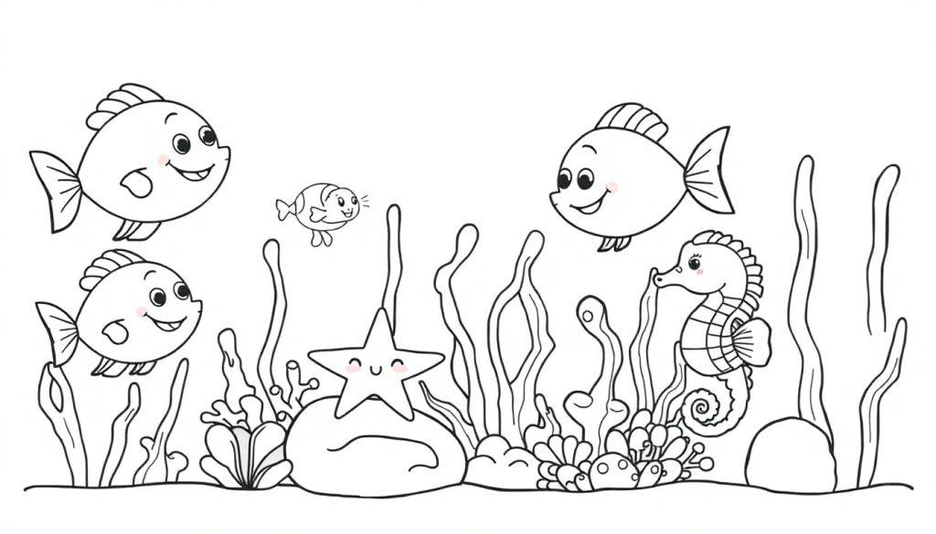 Schwarz-Weiß-Farbtafel einer fröhlichen Unterwasserwelt mit Fischen, Seepferdchen, Seestern, Algen und Korallen.