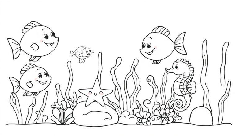 Schwarz-Weiß-Farbtafel einer fröhlichen Unterwasserwelt mit Fischen, Seepferdchen, Seestern, Algen und Korallen.