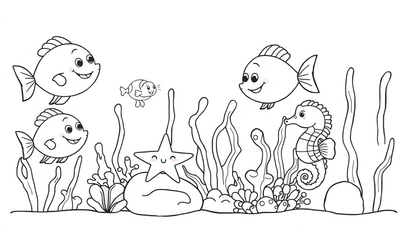 Schwarz-Weiß-Farbtafel einer fröhlichen Unterwasserwelt mit Fischen, Seepferdchen, Seestern, Algen und Korallen.