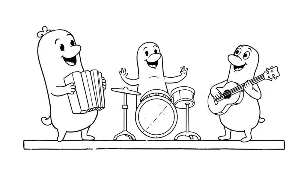 Eine schwarz-weiße Farbtafel einer Cartoon-Band mit drei wurstähnlichen Musikern auf einer Bühne, die Akkordeon, Schlagzeug und Gitarre spielen.