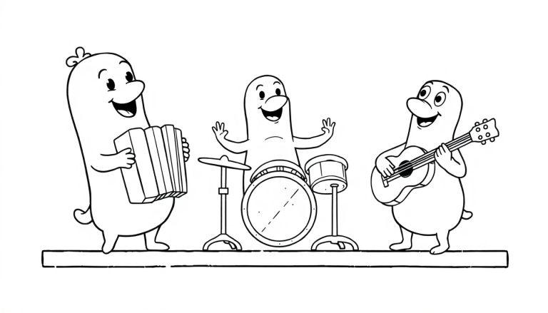 Eine schwarz-weiße Farbtafel einer Cartoon-Band mit drei wurstähnlichen Musikern auf einer Bühne, die Akkordeon, Schlagzeug und Gitarre spielen.