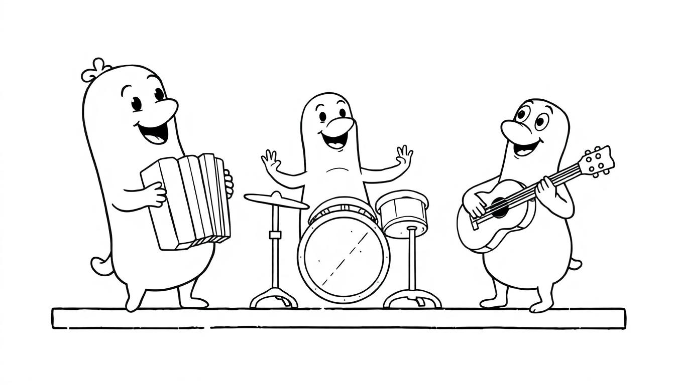 Eine schwarz-weiße Farbtafel einer Cartoon-Band mit drei wurstähnlichen Musikern auf einer Bühne, die Akkordeon, Schlagzeug und Gitarre spielen.