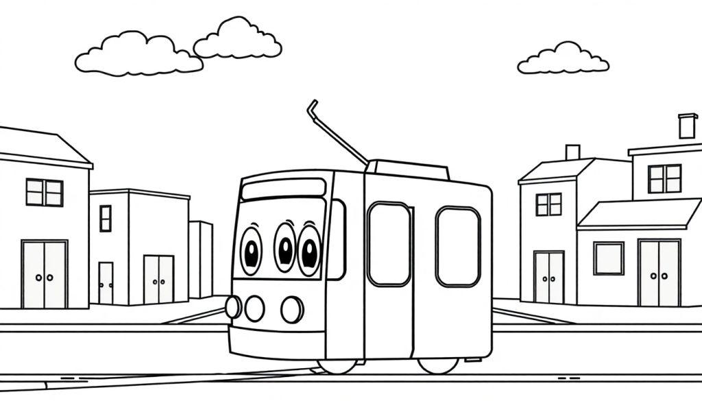 Eine freundliche Cartoon-Straßenbahn auf einer schwarz-weißen Farbtafel-Fahrbahn.