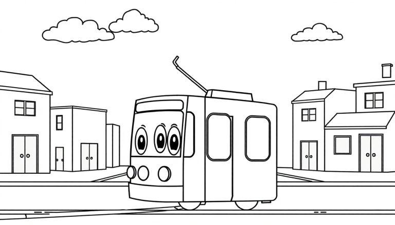 Eine freundliche Cartoon-Straßenbahn auf einer schwarz-weißen Farbtafel-Fahrbahn.