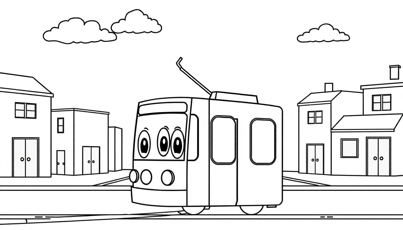 Eine freundliche Cartoon-Straßenbahn auf einer schwarz-weißen Farbtafel-Fahrbahn.