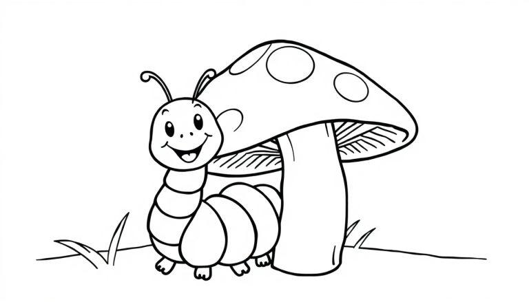 Eine fröhliche Cartoon-Raupe neben einem Pilz auf grünem Gras.