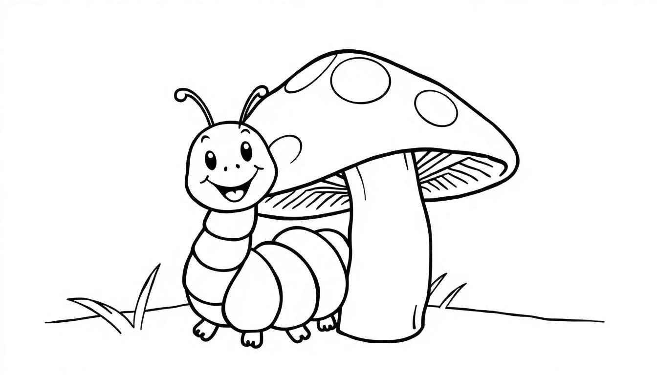 Eine fröhliche Cartoon-Raupe neben einem Pilz auf grünem Gras.