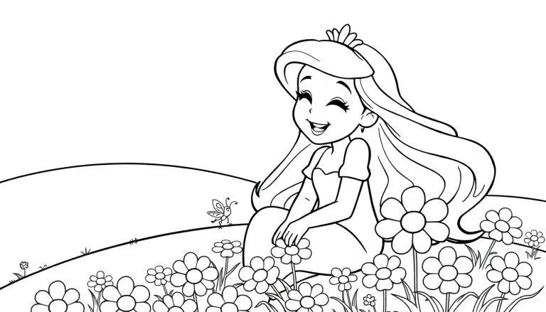 Schwarz-weiße Farbtafel einer lächelnden Prinzessin mit langem Haar und Krone, die in einem Blumenfeld sitzt.