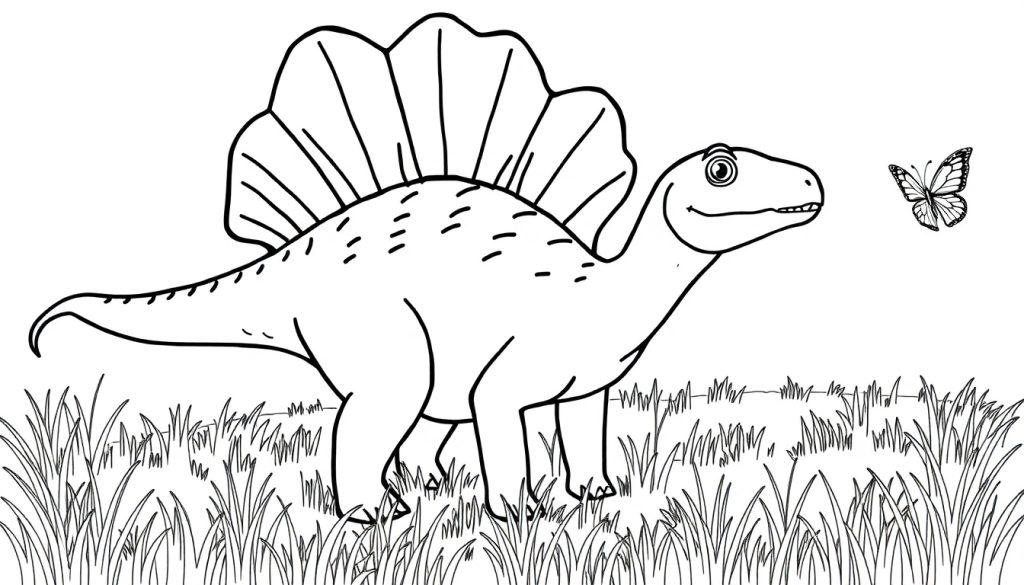 Strichzeichnung eines freundlichen Dimetrodon mit einem großen Rückensegel, bereit zum Ausmalen als Farbtafel.
