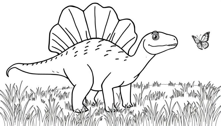 Strichzeichnung eines freundlichen Dimetrodon mit einem großen Rückensegel, bereit zum Ausmalen als Farbtafel.