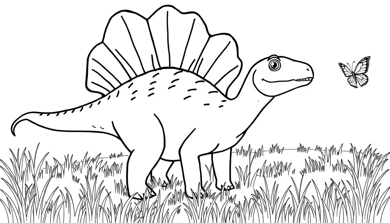 Strichzeichnung eines freundlichen Dimetrodon mit einem großen Rückensegel, bereit zum Ausmalen als Farbtafel.