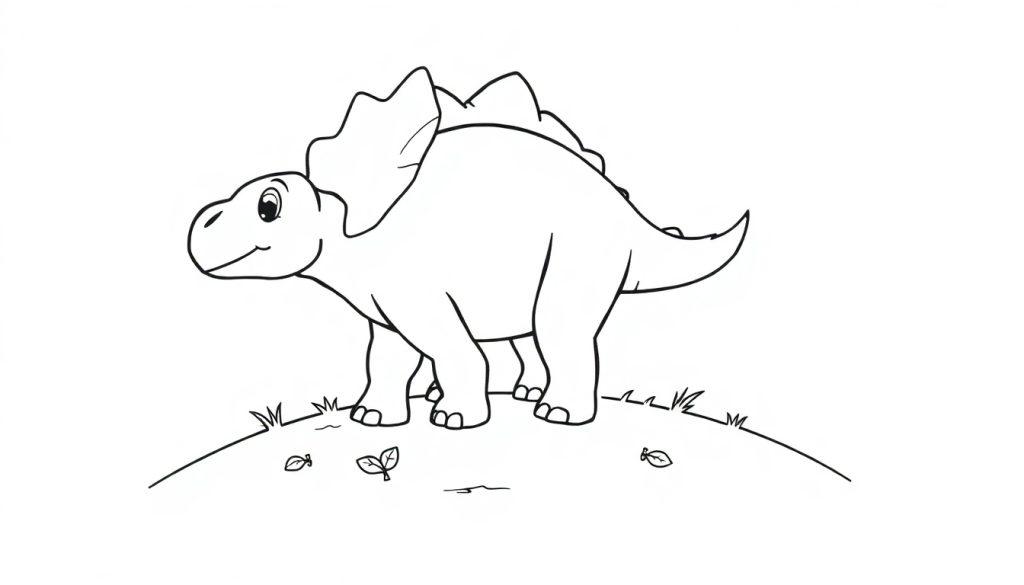 Eine Schwarz-Weiß-Farbtafel-Zeichnung eines freundlichen Cartoon-Dinosauriers, der auf einem Hügel steht.