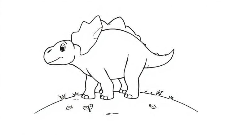Eine Schwarz-Weiß-Farbtafel-Zeichnung eines freundlichen Cartoon-Dinosauriers, der auf einem Hügel steht.