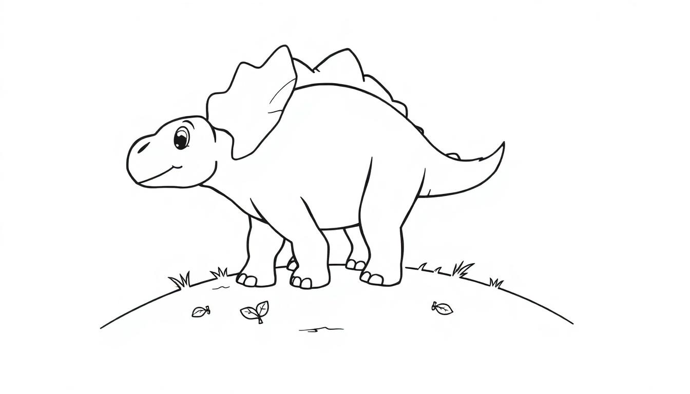 Eine Schwarz-Weiß-Farbtafel-Zeichnung eines freundlichen Cartoon-Dinosauriers, der auf einem Hügel steht.