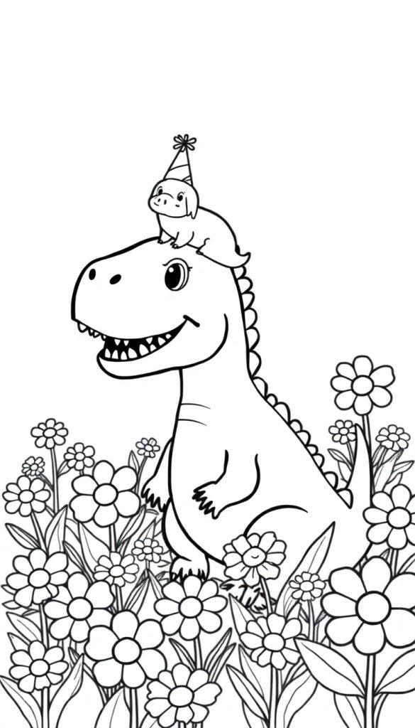 Ein Cartoon-Dinosaurier mit einer Schweinchennase und einem Hund auf dem Kopf in einem Blumenfeld.