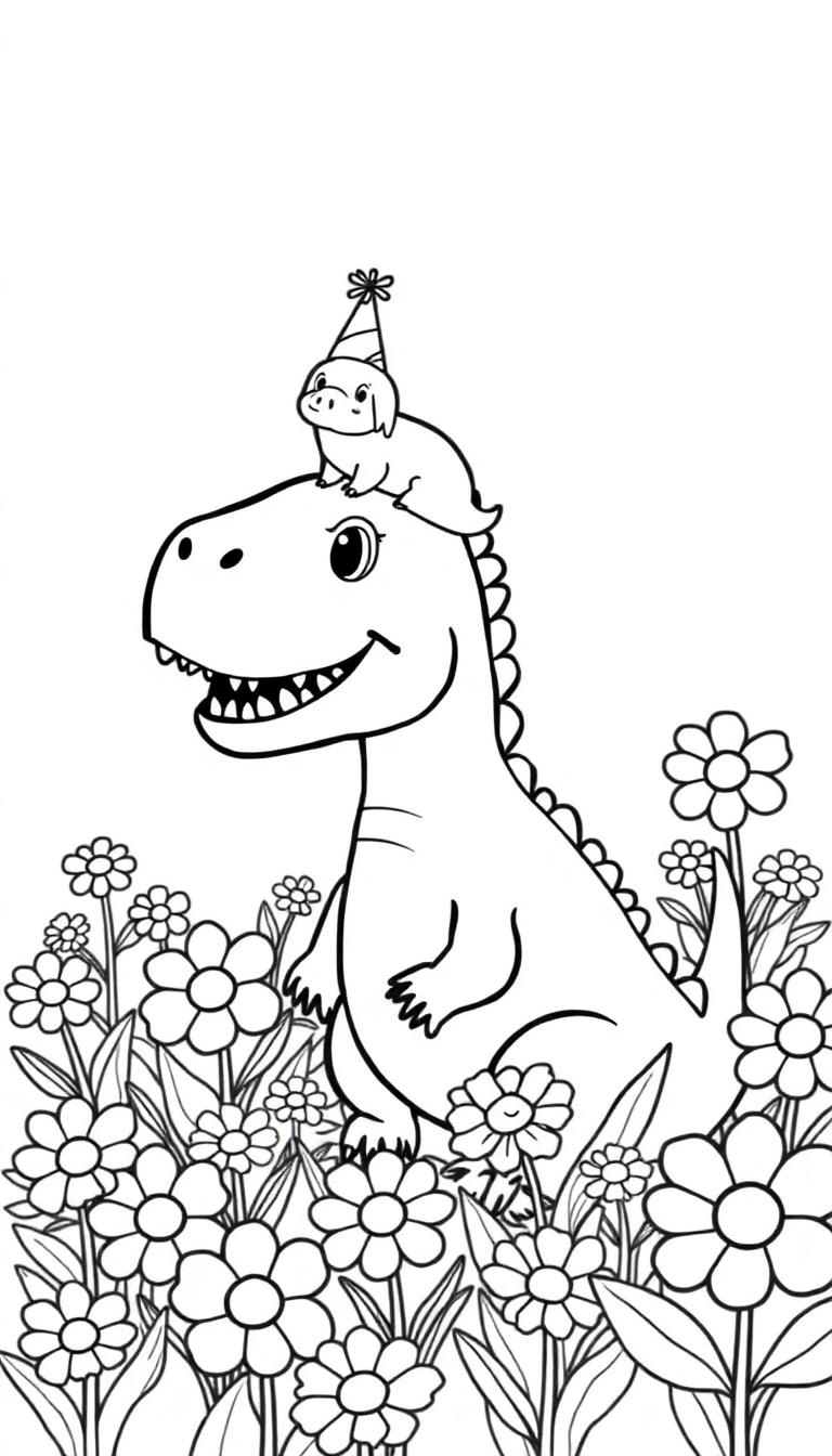 Ein Cartoon-Dinosaurier mit einer Schweinchennase und einem Hund auf dem Kopf in einem Blumenfeld.