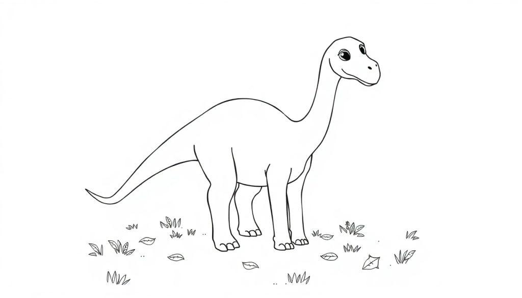 Malvorlage eines freundlichen Dinosauriers mit langem Hals und Schwanz.
