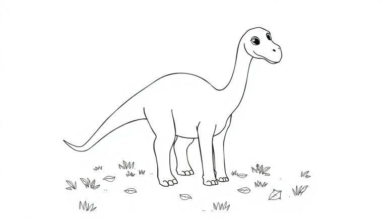 Malvorlage eines freundlichen Dinosauriers mit langem Hals und Schwanz.