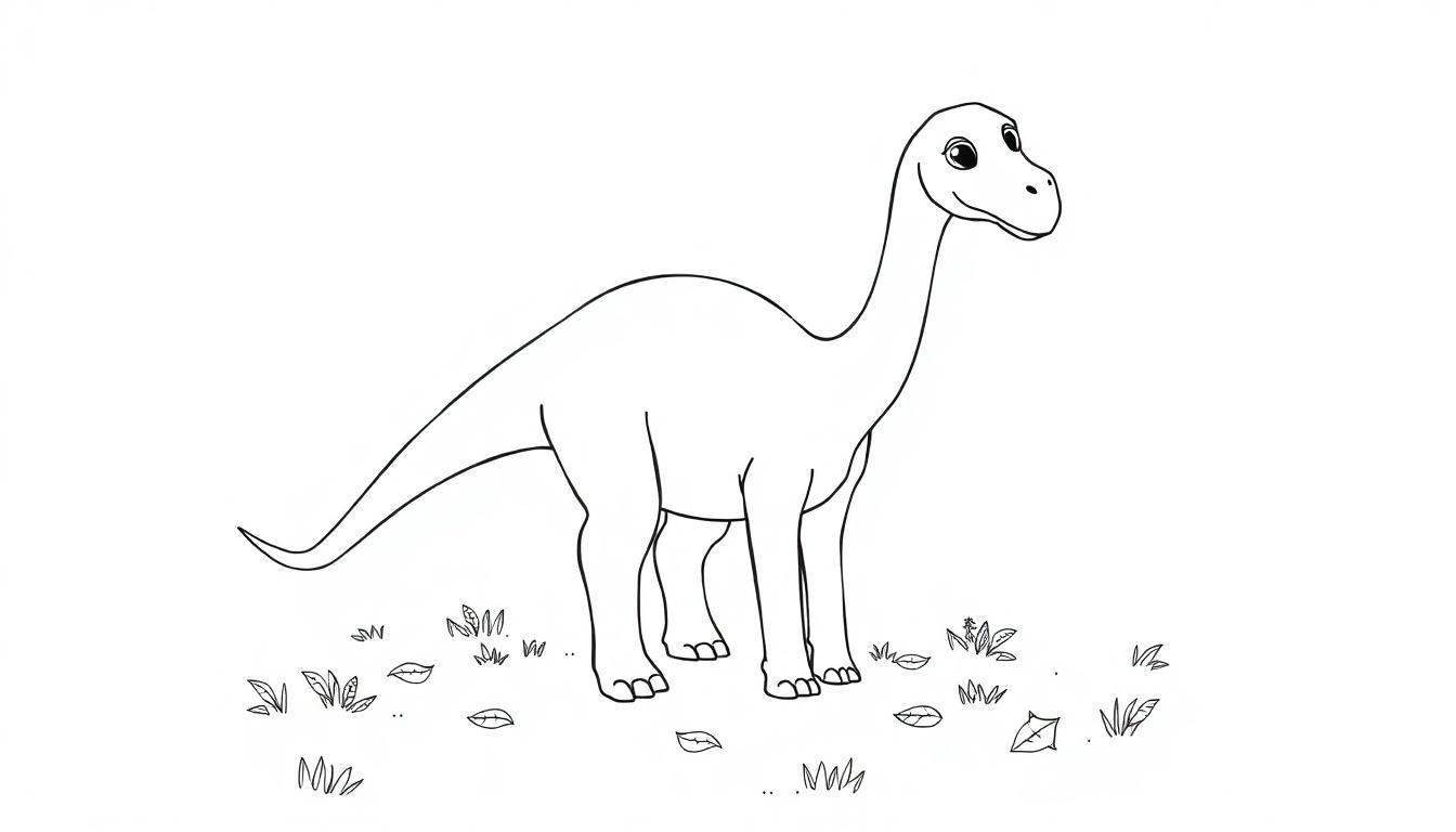 Malvorlage eines freundlichen Dinosauriers mit langem Hals und Schwanz.