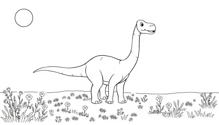 Schwarz-Weiß-Farbtafel eines freundlichen Diplodocus auf einer Wiese.
