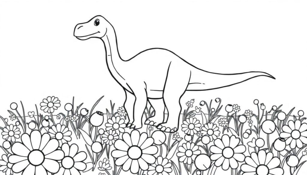 Eine freundliche Farbtafel-Illustration eines Diplodocus auf einem Feld mit Gänseblümchen.