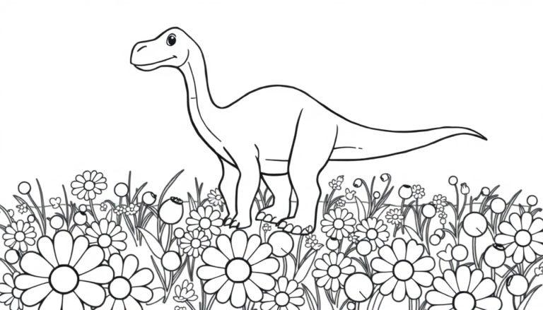 Eine freundliche Farbtafel-Illustration eines Diplodocus auf einem Feld mit Gänseblümchen.