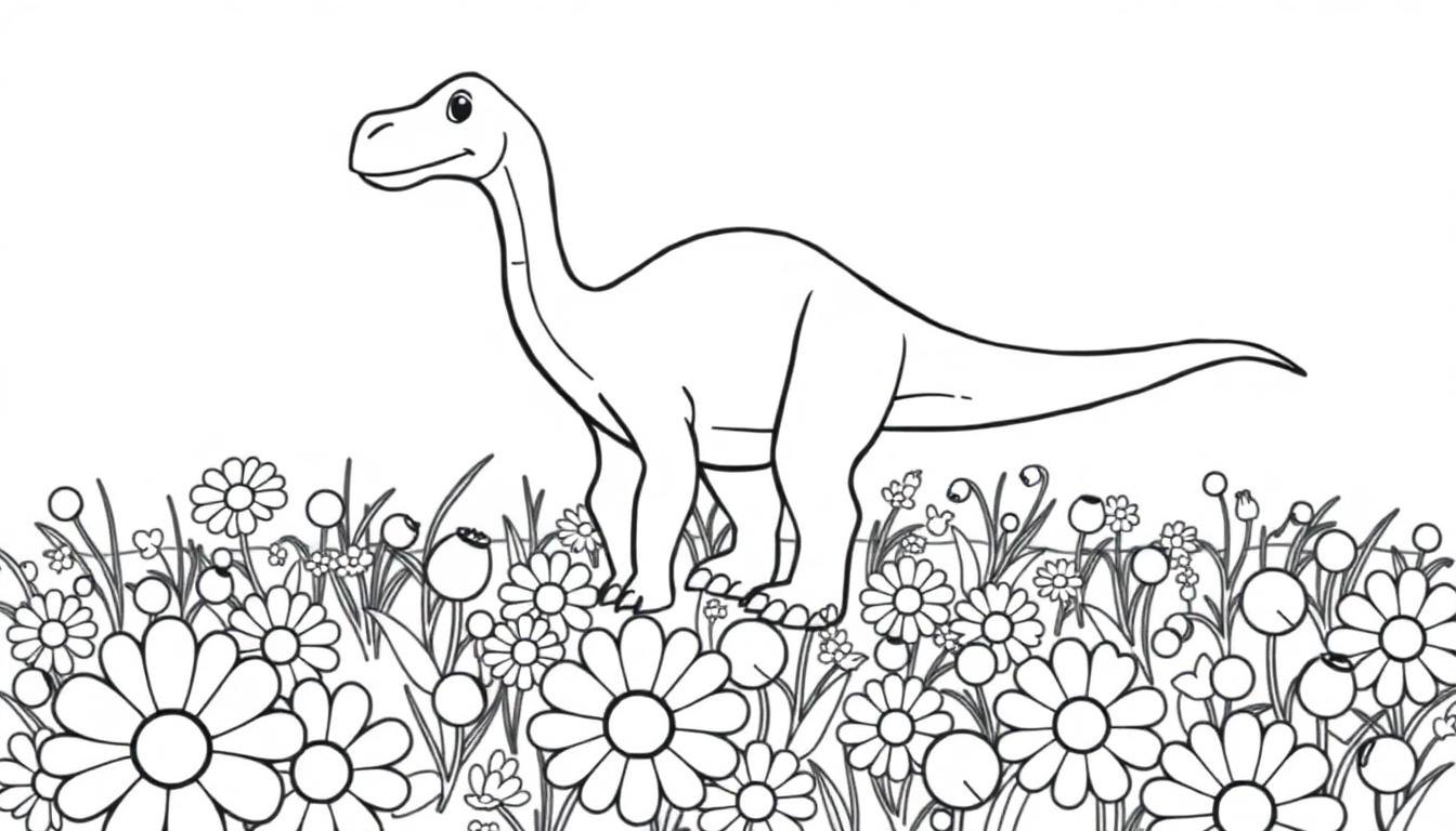 Eine freundliche Farbtafel-Illustration eines Diplodocus auf einem Feld mit Gänseblümchen.