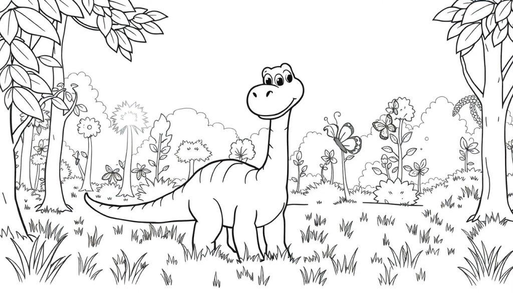 Schwarz-Weiß Malvorlage eines freundlichen Dinosauriers mit langem Hals und einem Schmetterling im Wald.