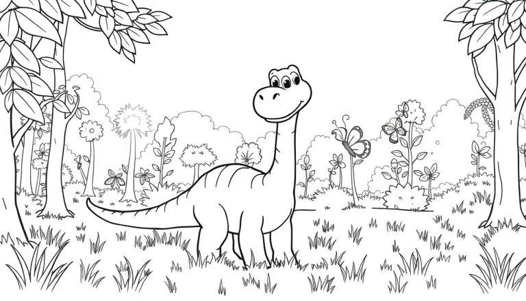 Schwarz-Weiß Malvorlage eines freundlichen Dinosauriers mit langem Hals und einem Schmetterling im Wald.