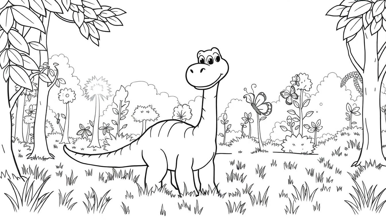 Schwarz-Weiß Malvorlage eines freundlichen Dinosauriers mit langem Hals und einem Schmetterling im Wald.