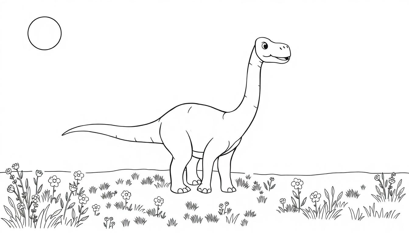 Schwarz-Weiß-Farbtafel eines freundlichen Diplodocus auf einer Wiese.
