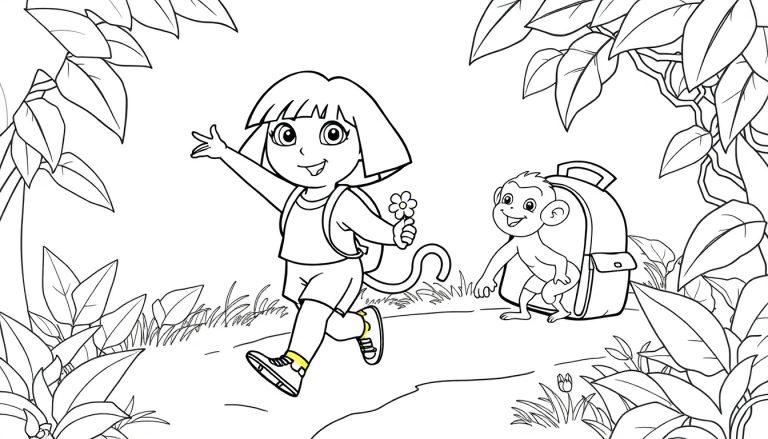 Schwarz-weiße Farbtafel: Dora, Boots der Affe und der sprechende Rucksack rennen durch den Dschungel.