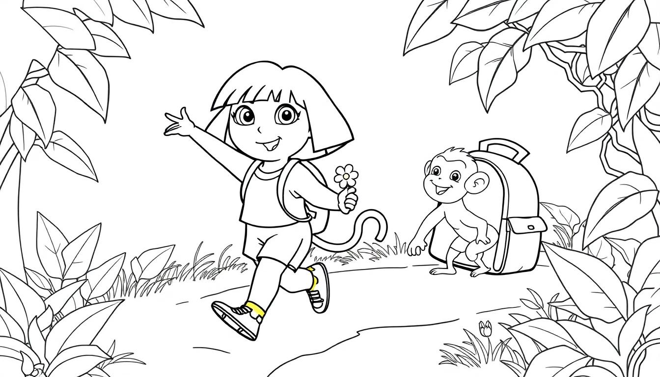 Schwarz-weiße Farbtafel: Dora, Boots der Affe und der sprechende Rucksack rennen durch den Dschungel.