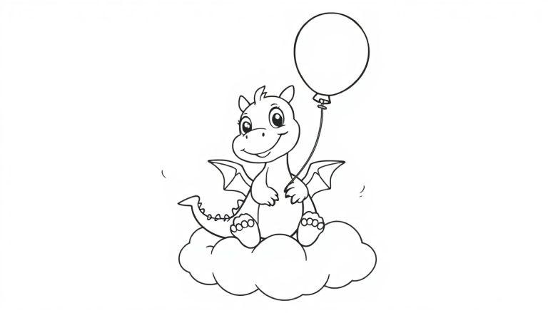 Ein süßer Comic-Drache sitzt auf einer Wolke und hält einen Ballon. Perfekt als Ausmalbild-Farbtafel.