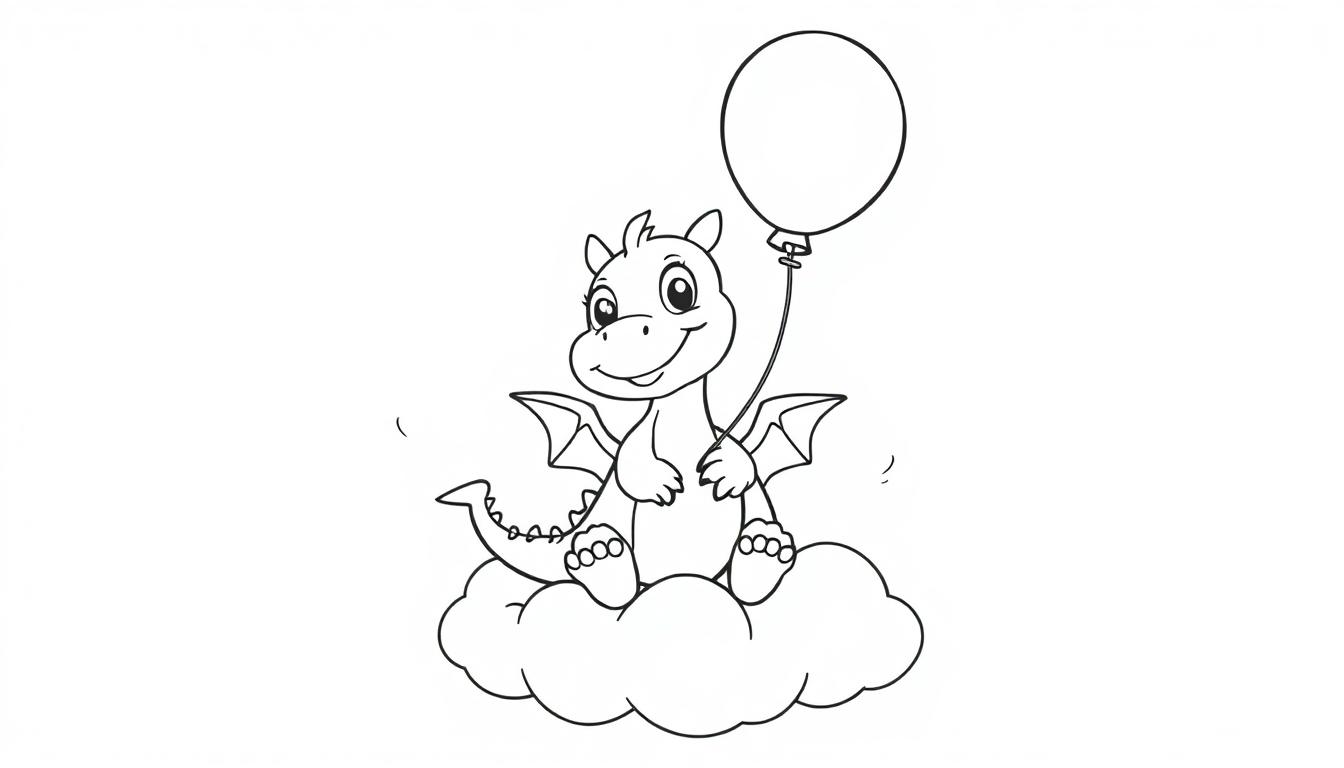 Ein süßer Comic-Drache sitzt auf einer Wolke und hält einen Ballon. Perfekt als Ausmalbild-Farbtafel.