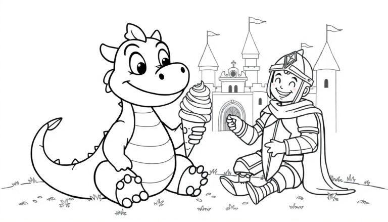 Schwarz-weiß Farbtafel: Ein freundlicher Drache und ein Ritter teilen sich einen Eisbecher vor einem Märchenschloss.