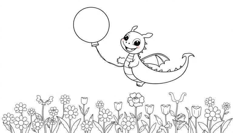 Niedlicher Comic-Drache hält einen Ballon und schwebt über einem Blumenfeld. Eine Farbtafel.