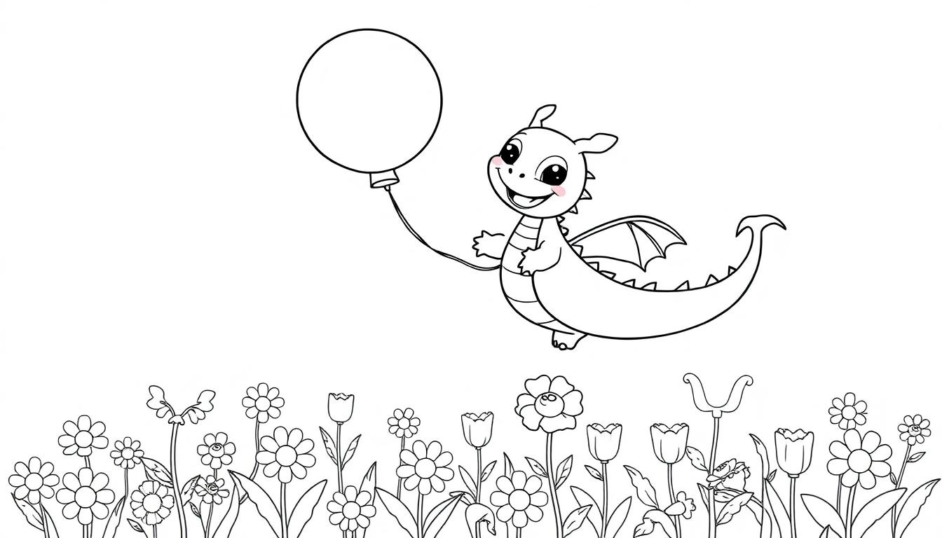 Niedlicher Comic-Drache hält einen Ballon und schwebt über einem Blumenfeld. Eine Farbtafel.