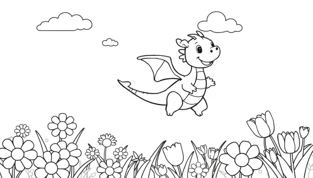 Ein freundlicher Cartoon-Drache schwebt über einer Blumenwiese, bereit zum Ausmalen als Farbtafel.
