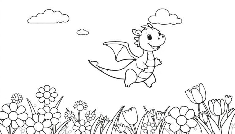 Ein freundlicher Cartoon-Drache schwebt über einer Blumenwiese, bereit zum Ausmalen als Farbtafel.