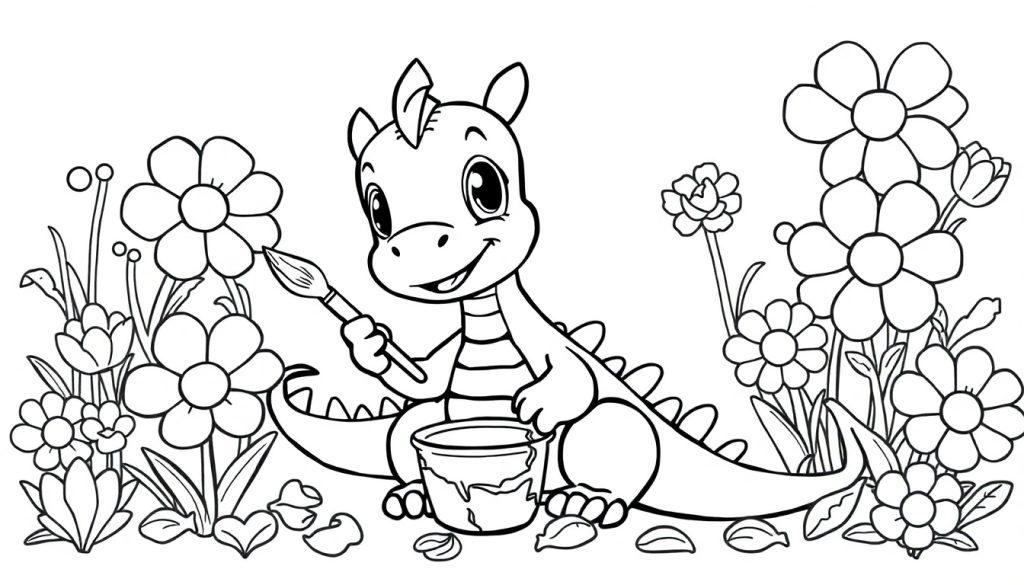 Ein kleiner Drache malt Blumen auf einer Farbtafel.