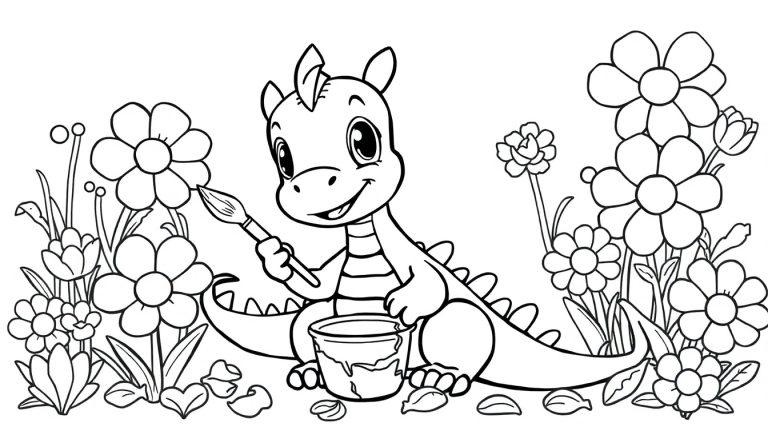 Ein kleiner Drache malt Blumen auf einer Farbtafel.