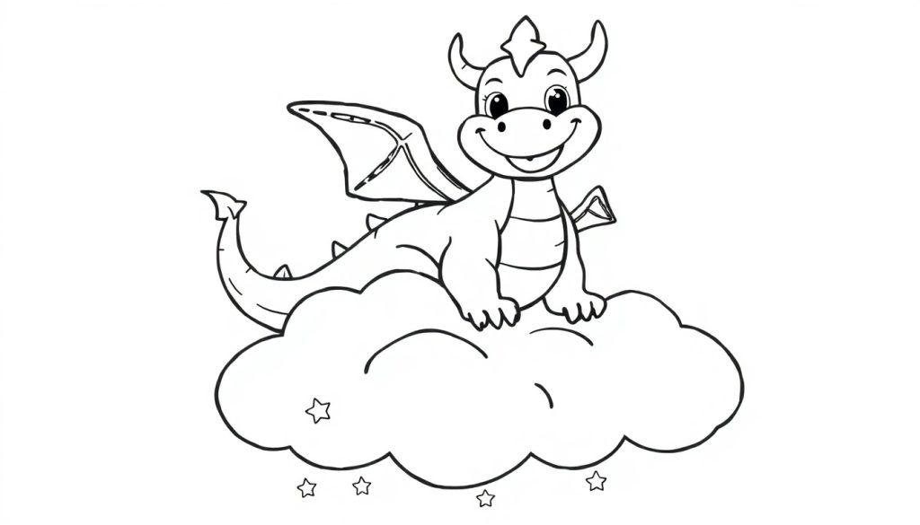 Eine schwarz-weiße Farbtafel eines Cartoon-Drachen, der auf einer Wolke winkt.