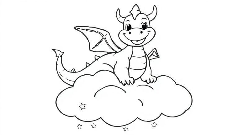 Eine schwarz-weiße Farbtafel eines Cartoon-Drachen, der auf einer Wolke winkt.