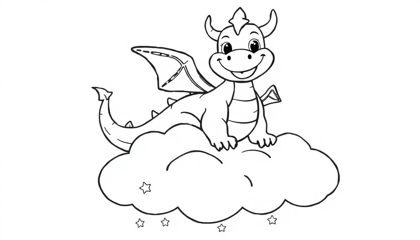 Eine schwarz-weiße Farbtafel eines Cartoon-Drachen, der auf einer Wolke winkt.